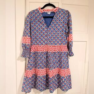 Floral Patterned Blue Dress with Red Accents